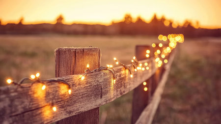 A rustic wooden fence adorned with vintage Christmas lights glows warmly at sunset, creating a serene and festive outdoor scene perfect for holiday inspiration.の素材