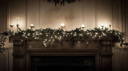 Create a cozy atmosphere with warm white Christmas lights adorning a beautifully decorated mantle. Perfect for enhancing your festive holiday decor and ambiance.の素材