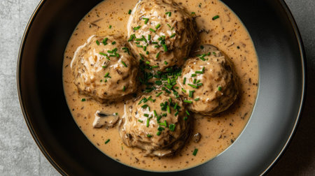 A top view of a bowl filled with canederli, traditional Italian dumplings in a creamy sauce, garnished with fresh herbs. Ideal for food lovers!の素材