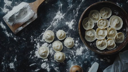A stunning overhead view of homemade dumplings arranged on a dark surface with scattered flour, showcasing the beauty of culinary art and preparation.の素材