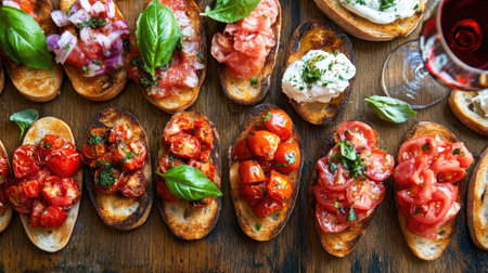 Explore a vibrant layout of cicchetti featuring fresh ingredients, perfect for appetizers or sharing at gatherings. Ideal for culinary presentations.の素材