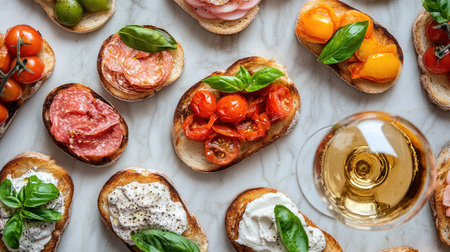 A stunning layout of cicchetti featuring fresh ingredients like tomatoes, basil, and cheese, complemented by a glass of wine, perfect for gatherings.の素材