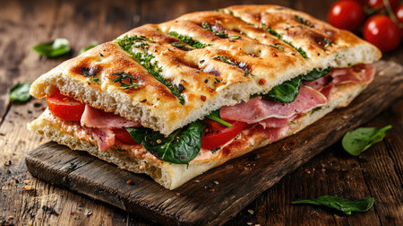 A beautifully crafted focaccia sandwich featuring fresh tomato, spinach, and ham, presented on a rustic wooden board. Perfect for lunch or a picnic.の素材