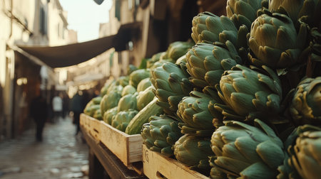 A vibrant scene showcasing fresh artichokes displayed at a market. The close-up captures the rich textures and colors, highlighting nature's bounty.の素材