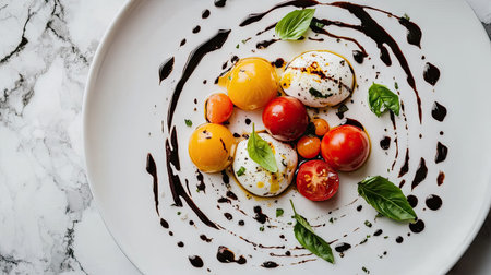 A vibrant Italian caprese salad featuring fresh mozzarella, colorful tomatoes, and fragrant basil drizzled with balsamic glaze on a marble plate.の素材