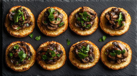 A stunning presentation of gourmet canederli topped with mushrooms and fresh herbs, beautifully arranged on a black slate surface, ideal for culinary delights.の素材