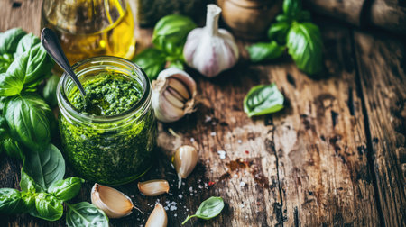 A rustic wooden table displaying a jar of vibrant green pesto surrounded by fresh basil, garlic, and olive oil, perfect for culinary inspiration.の素材