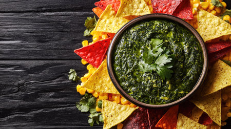 A vibrant bowl of spinach dip surrounded by colorful tortilla chips makes a perfect party appetizer. Enjoy a delightful mix of textures and flavors!の素材