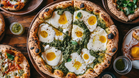 Discover an appetizing overhead view of Pinsa Romana. This tasty dish features a combination of fresh ingredients, vibrant colors, and flavorful toppings perfect for any meal.の素材