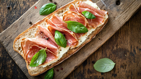 An appetizing open sandwich featuring layers of savory meat, fresh basil, and creamy spread, artfully arranged on a rustic wooden board, perfect for a delicious meal.の素材