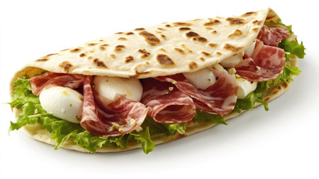 Discover an artfully arranged piadina romagnola filled with fresh ingredients, including meat and cheese. A perfect choice for lunch or a snack.の素材