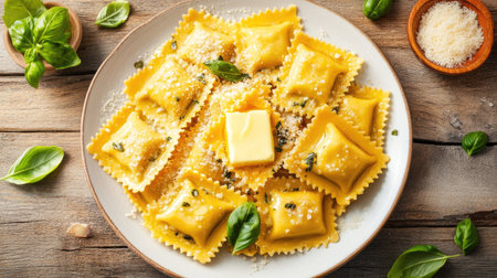 Indulge in this delightful plate of ravioli topped with butter and fresh basil, showcasing a perfect Italian meal ideal for any dinner setting.の素材