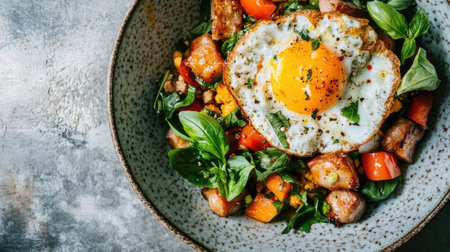 A vibrant stir-fried dish featuring fresh vegetables and a perfectly cooked egg. Ideal for showcasing healthy culinary artistry in food photography.の素材