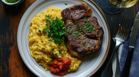 A beautifully arranged plate featuring tender osso buco paired with creamy risotto, garnished with fresh herbs for a delightful dining experience.の素材