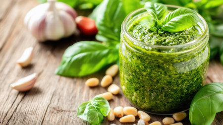 This vibrant pesto alla genovese showcases fresh basil, garlic, and pine nuts in a glass jar, perfect for culinary enthusiasts and healthy cooking inspiration.の素材