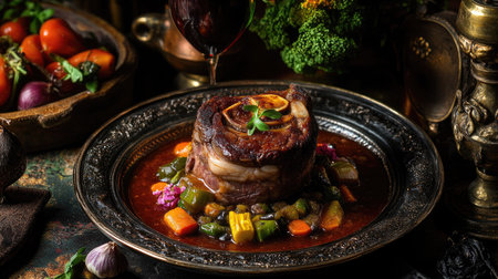 A beautifully arranged dish of braised veal served with vibrant vegetables, capturing a rustic and elegant dining experience perfect for gourmet enthusiasts.の素材