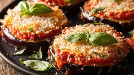 A beautifully plated melanzane dish featuring eggplant topped with rich tomato sauce, parmesan, and fresh basil leaves, perfect for any occasion.の素材