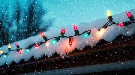 A stunning close-up of colorful Christmas lights draped on a snowy roof, creating a magical winter atmosphere. Perfect for festive holiday themes.の素材