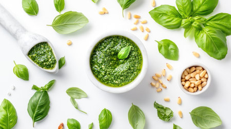 A beautifully arranged display of fresh basil, pesto, and pine nuts, showcasing vibrant greens and culinary potential. Perfect for food photography enthusiasts.の素材