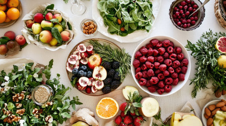 A vibrant table setting featuring an array of fresh fruits and greens, perfect for a healthy meal or festive gathering, showcasing colorful organic produce.の素材