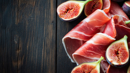 Discover a minimalist top view of thinly sliced meat alongside fresh figs on a rustic wooden background, creating an elegant and inviting culinary display.の素材