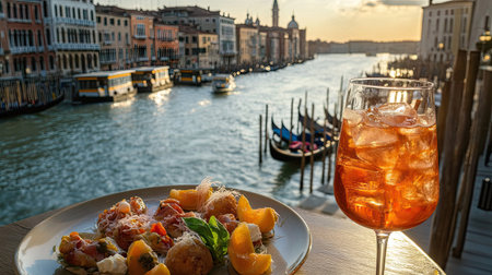Enjoy a beautiful view of Venice with a delightful plate of cicchetti alongside a refreshing drink, capturing the essence of Italian dining by the water.の素材
