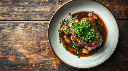Experience a beautifully plated osso buco alla milanese, featuring tender meat in a rich sauce, garnished with fresh herbs, perfect for gourmet dining.の素材