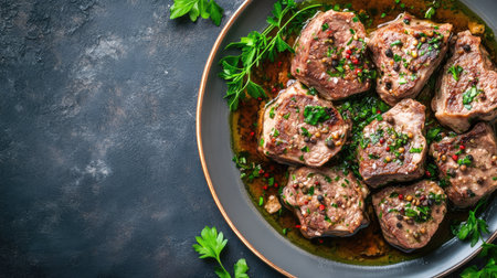 Experience the rich flavors of saltimbocca alla romana presented beautifully. This dish features tender meat topped with vibrant herbs and spices, perfect for a gourmet dinner.の素材