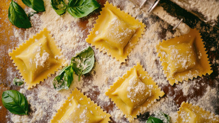 A top-down shot of handmade spinach ravioli arranged on a floured surface, with fresh basil leaves scattered around, showcasing an artisan culinary creation.の素材