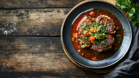 A beautifully plated osso buco alla milanese, showcasing a delicious combination of tender meat, rich sauce, and vibrant herbs, perfect for any dining occasion.の素材