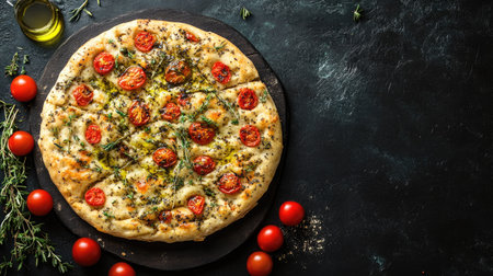 A top view of a beautifully decorated focaccia bread featuring vibrant tomatoes and fresh herbs. Ideal for culinary projects and food photography.の素材