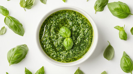 A vibrant bowl of fresh green pesto surrounded by basil leaves, perfect for culinary creations. Ideal for healthy, vegetarian dishes and cooking inspirations.の素材