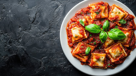 A top view of ravioli covered in a rich tomato sauce, garnished with fresh basil leaves. This appetizing dish is perfect for Italian cuisine lovers.の素材