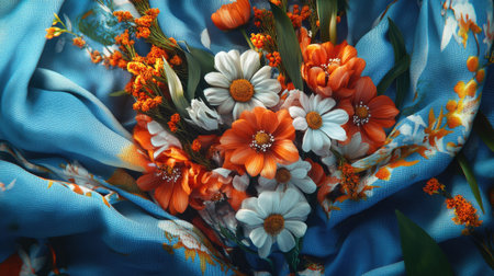 A stunning arrangement of vibrant flowers including orange and white blooms arranged on a blue fabric background. Perfect for nature and floral enthusiasts.の素材