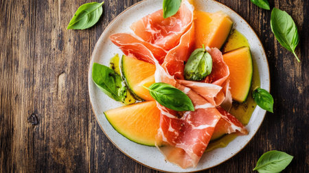 A beautiful presentation of prosciutto and melon garnished with fresh basil leaves, highlighting a blend of sweet and savory flavors on a rustic wooden table.の素材