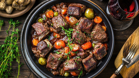 Vibrant and beautifully plated beef ribs dish featuring tender meat surrounded by fresh vegetables. Perfect for gourmet meals or rustic dining experiences.の素材