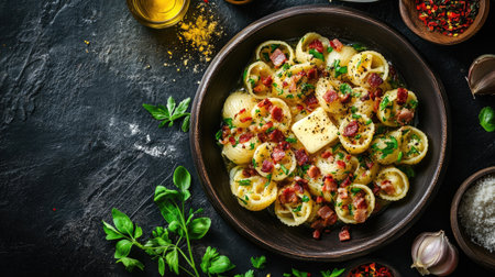 A mouthwatering plate of canederli pasta garnished with fresh herbs and seasonings, perfect for showcasing culinary art in Italian cuisine.の素材