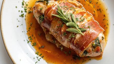 Enjoy a delicious view of a gourmet chicken dish elegantly plated with fresh herbs and savory sauce, perfect for dining or culinary inspiration.の素材