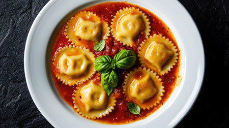 A delectable view of ravioli nestled in rich tomato sauce, garnished with fresh basil leaves. This appetizing meal showcases the vibrant colors and textures of Italian cuisine.の素材