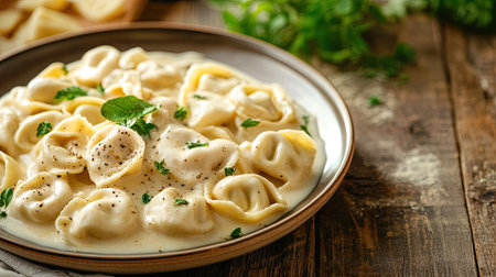 A beautifully styled plate of tortellini in creamy sauce garnished with herbs, perfect for any dining occasion. Ideal for food lovers and chefs.の素材