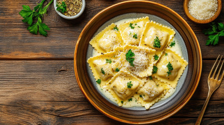 A beautiful plate of freshly cooked ravioli garnished with herbs and cheese, resting on a rustic wooden table. Ideal for showcasing delicious Italian cuisine.の素材