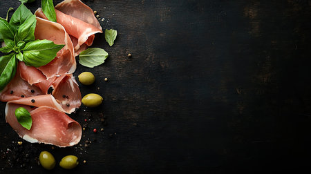 An elegant top view of beautifully arranged slices of meat accompanied by olives and fresh herbs, perfect for a gourmet presentation or culinary art.の素材
