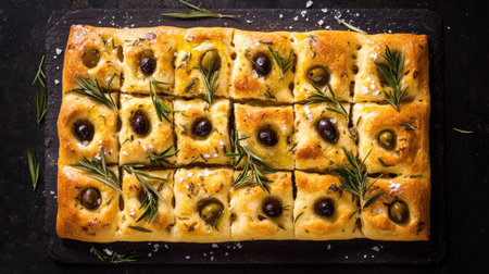 Enjoy this rustic focaccia bread topped with olives and fresh herbs. Perfect for appetizers or as a side dish, this beautifully baked bread adds charm to any meal.の素材