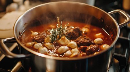 A delicious stew bubbling in a stainless steel pot, filled with tender meat and fresh herbs, creating an aromatic cooking experience. Perfect for comfort food lovers.の素材