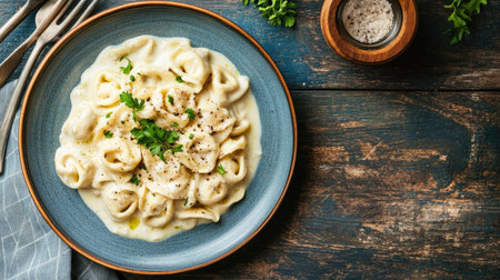 A beautifully styled plate of creamy tortellini garnished with fresh herbs, capturing the essence of comfort cuisine in a rustic dining setting.の素材