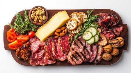 Beautifully arranged keto diet platter featuring assorted meats, cheeses, and fresh vegetables. Ideal for healthy snacking or entertaining guests.の素材