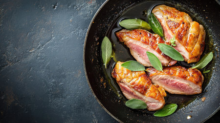 Discover a delicious view of traditional saltimbocca cooked to perfection in a pan with fresh herbs, ideal for culinary enthusiasts and food lovers.の素材