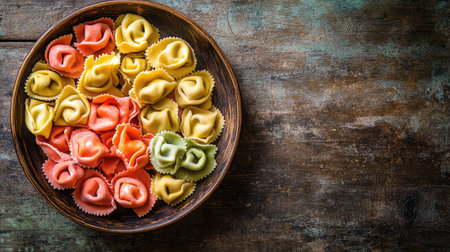 A vibrant display of colorful tortellini arranged on a rustic wooden plate, perfect for showcasing Italian cuisine in a charming setting. Ideal for food photography.の素材