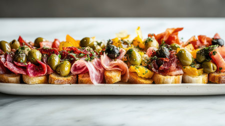 Discover a beautifully arranged platter of cicchetti featuring vibrant olives, cured meats, and aromatic herbs, perfect for entertaining or dining.の素材