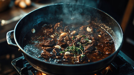 A captivating bubbling pot of stew filled with rich ingredients, creating an inviting atmosphere in the kitchen. Perfect for showcasing delicious home-cooked meals.の素材